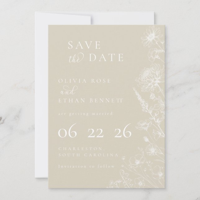 Cream Botanical Minimal Wedding Save the Date (Devant)