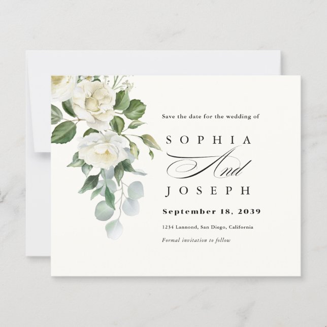 Creamy Floral Eucalyptus Wedding Save the date (Devant)