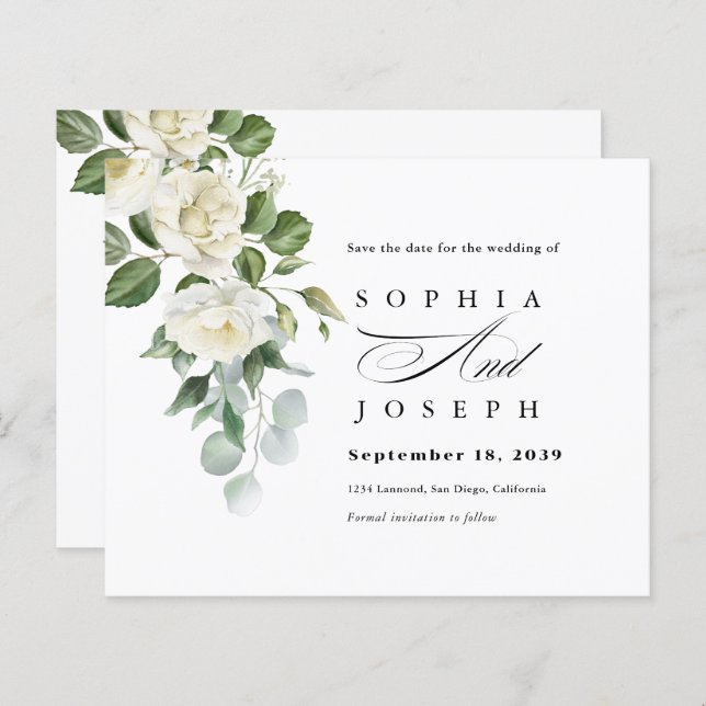 Creamy Floral Eucalyptus Wedding Save the date (Devant / Derrière)