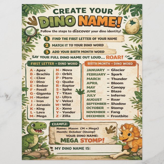 Create Your Name Dinosaur Party Game (Devant)