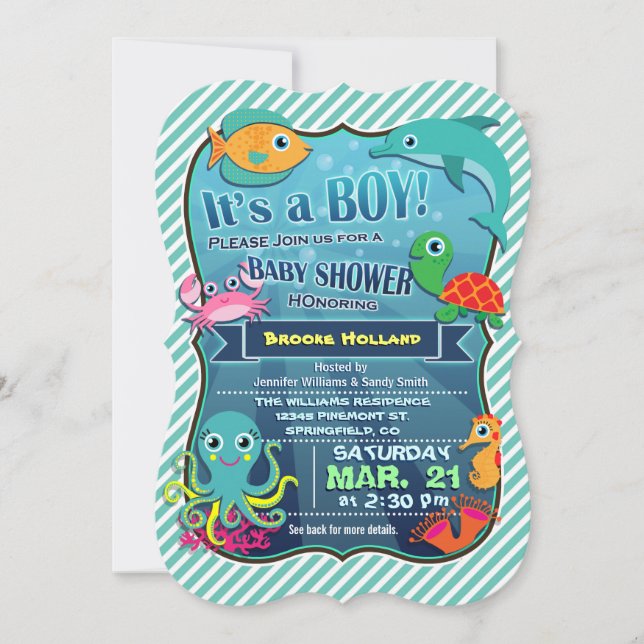 Créatures Mer Colorées; Invitation Baby shower Gar (Devant)