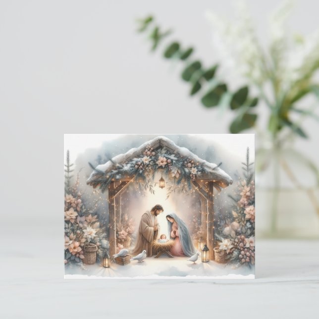 Crèche rustique avec carte de fleurs d'hiver (Debout devant)