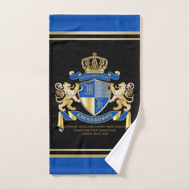 Créez votre propre armoirie Blue Gold Lion Emblem (Serviette à main)