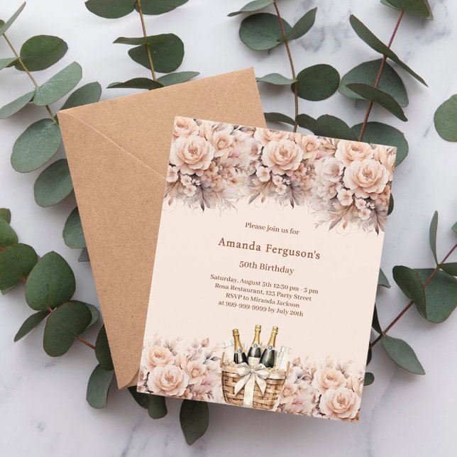 Crème beige rose floraux boho invitation anniversa (Créateur téléchargé)