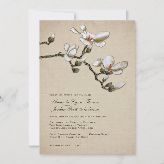 Crème et Faire-part de mariage vert de Magnolia (Devant)