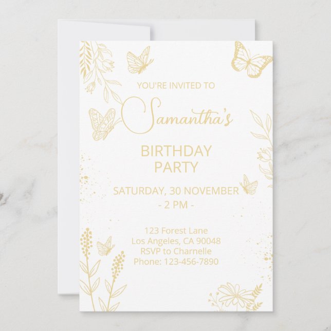 Crème et Papillon d'or Invitation d'anniversaire (Devant)