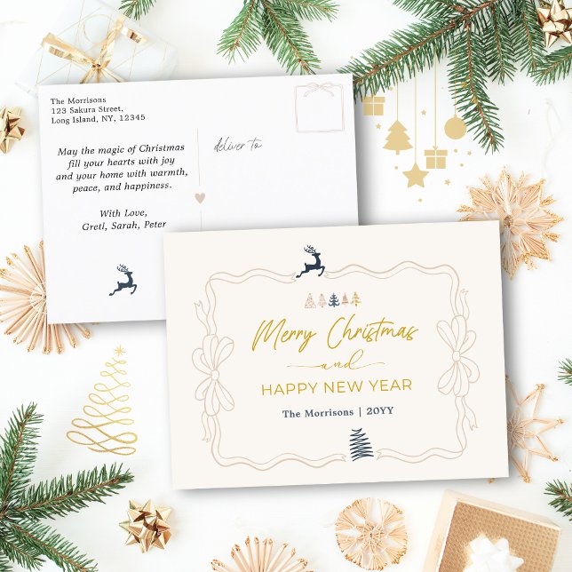 Crème : Festive Bow & Tree Doodles Carte postale d (Cream: Festive Bow & Tree Doodles Holiday Postcard)