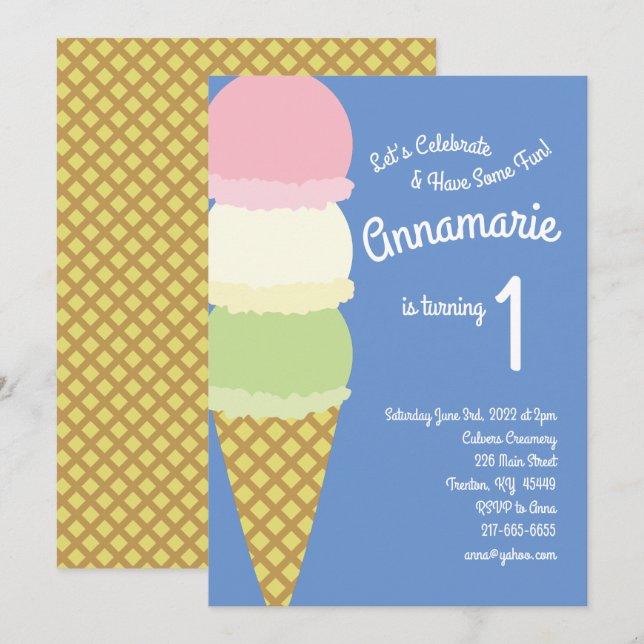 Crème glacée 1er anniversaire mignonne Invitations (Devant / Derrière)