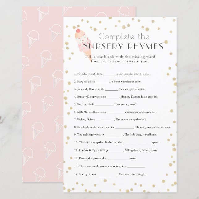 Crème glacée rose Baby shower Nursery Rhymes (Devant / Derrière)