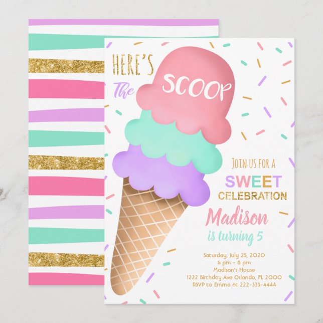Crème glacée Scoop colorée Invitation Anniversaire (Devant / Derrière)
