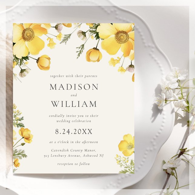 Crème Jaune Floral Mariage Budget Invitation (Créateur téléchargé)