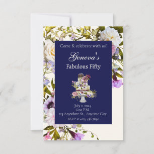 Crème & Marine Floral Cake Invitation Anniversaire