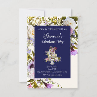 Crème & Marine Floral Cake Invitation Anniversaire