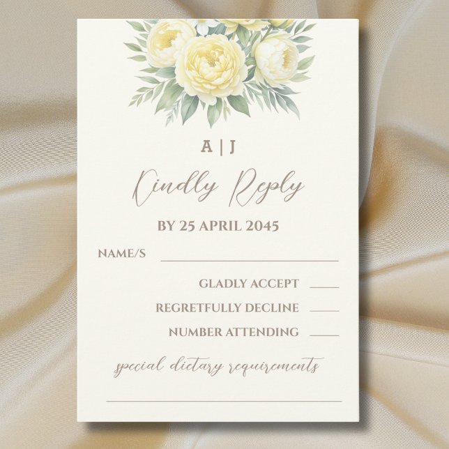 Crème Peony Jaune Roses Mariage Floral Carte RSVP (Créateur téléchargé)