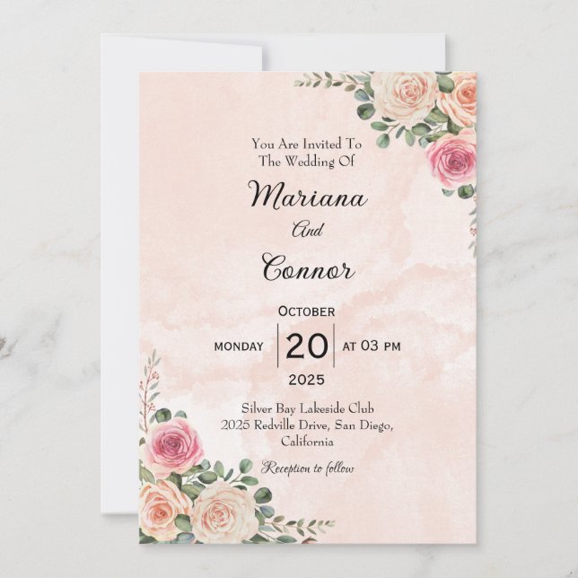 Crème rose Floral Faire-part de mariage minimal (Devant)
