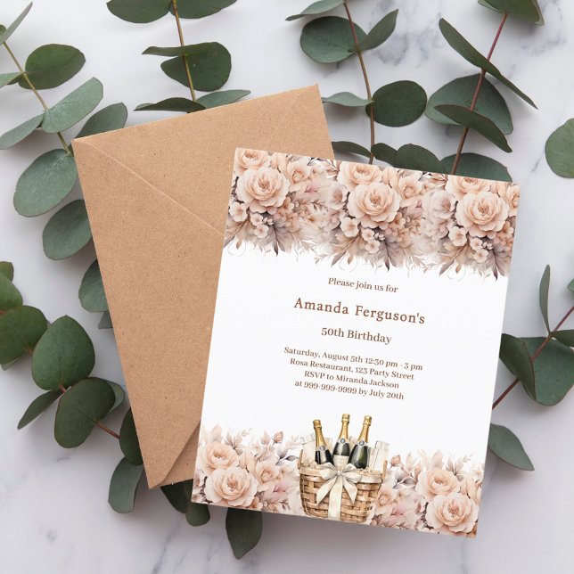 Crème rose florales boho invitation anniversaire (Créateur téléchargé)