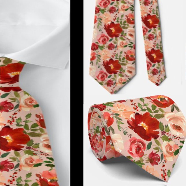 Crème rouge Aquarelle Floral Rose Cravate (Créateur téléchargé)
