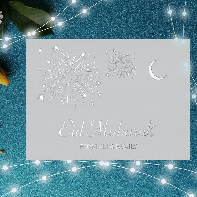 Crescent Firework Argent Foil Aïd Moubarak Carte (Créateur téléchargé)