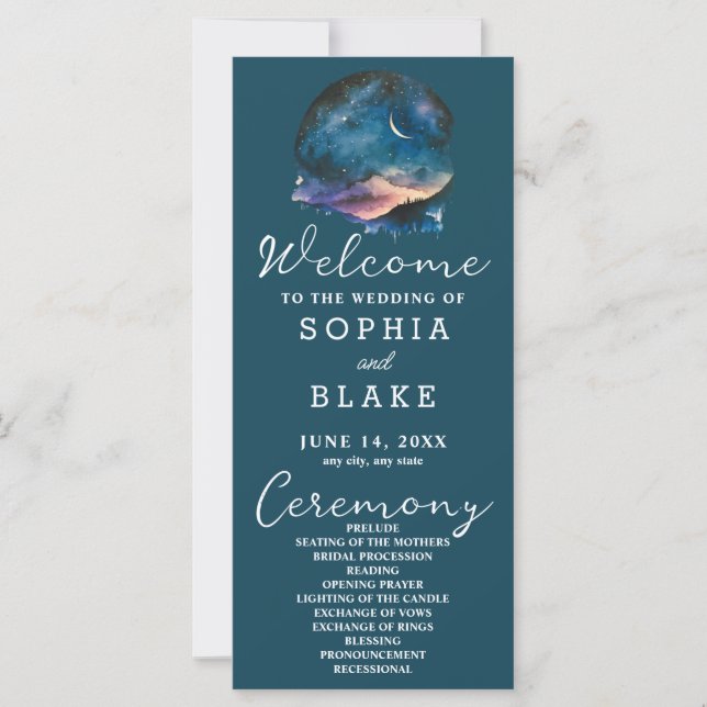 Crescent Moon Starlit Sky Blue Wedding Programme (Devant)