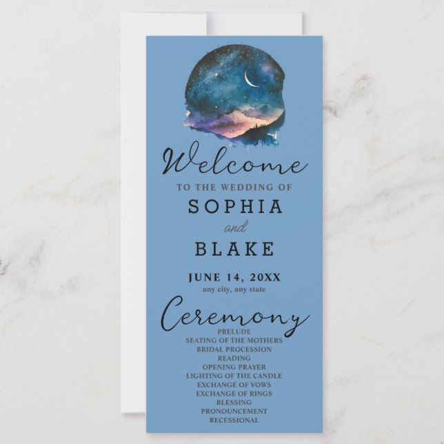Crescent Moon Starlit Sky Blue Wedding Programme (Devant)