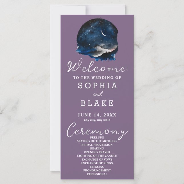 Crescent Moon Starlit Sky Purple Wedding Programme (Devant)