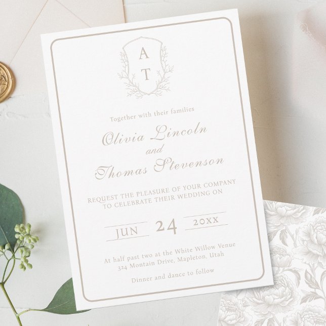 Crest Monogram Pale Taupe Faire-part de mariage (Créateur téléchargé)