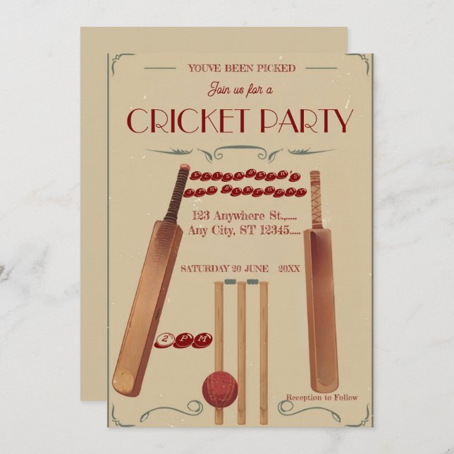 Cricket Birthday Party Sports Invitation (Devant / Derrière)