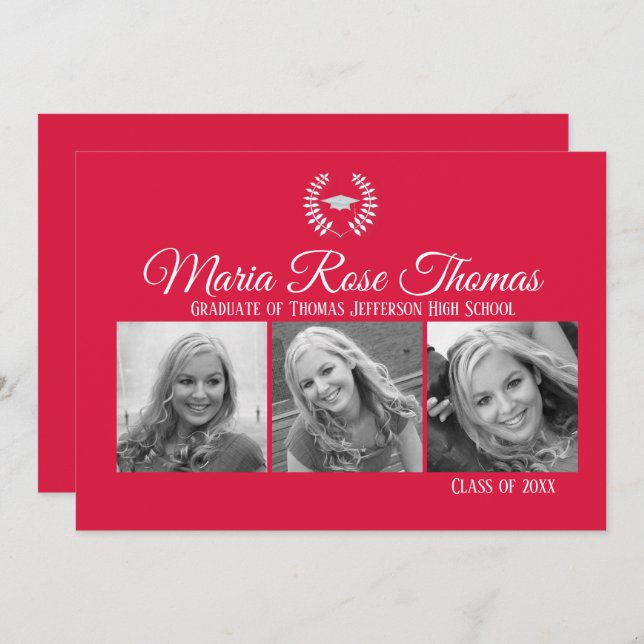 Crimson Casquette et Feuilles Grad Invitation 5" x (Devant / Derrière)