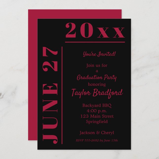 Crimson on Black Graduation Party Invitations (Devant / Derrière)