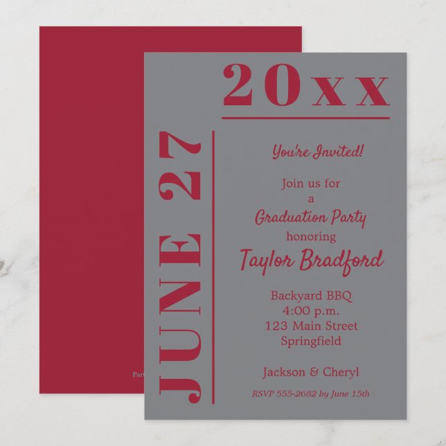 Crimson on Grey Graduation Party Invitations (Devant / Derrière)