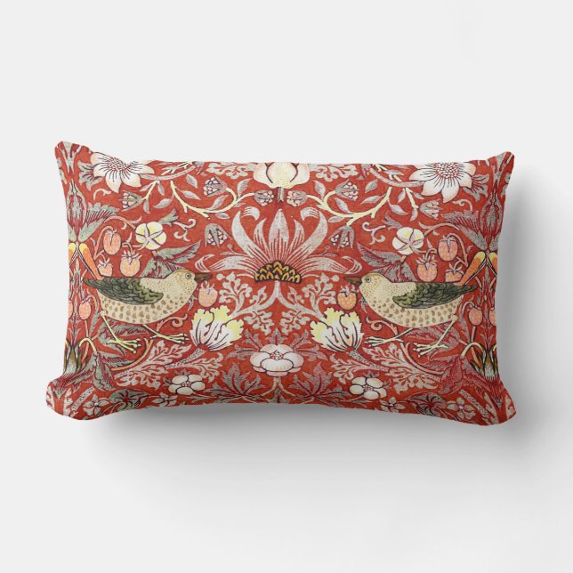 Crimson Strawberry Thief Lumbar Coussin (Recto)