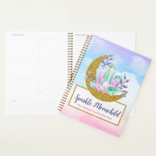 Cristaux d'aquarelle & Lune Croissante en Or Bouti