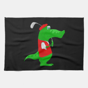 Crocodile Cartoon Golfer sur cuisine et serviette
