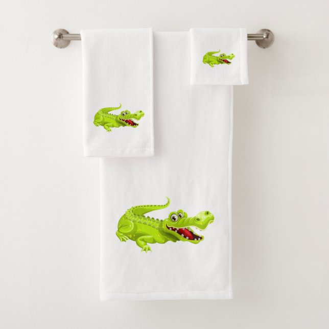 Crocodile mignon sur serviette de bain blanche (En situation)