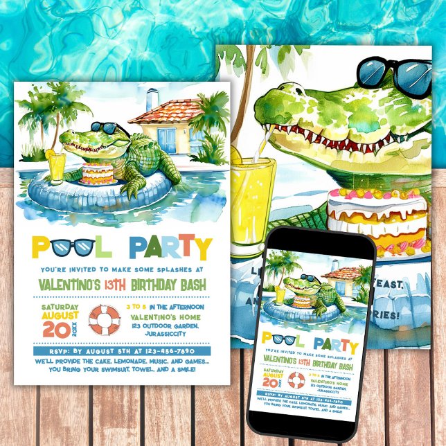 Crocodile Pool Party Anniversaire Invitation (Créateur téléchargé)