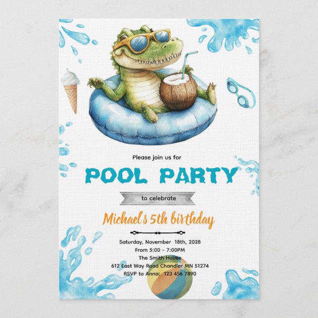 Crocodile Pool Party Birthday Invitation (Devant)
