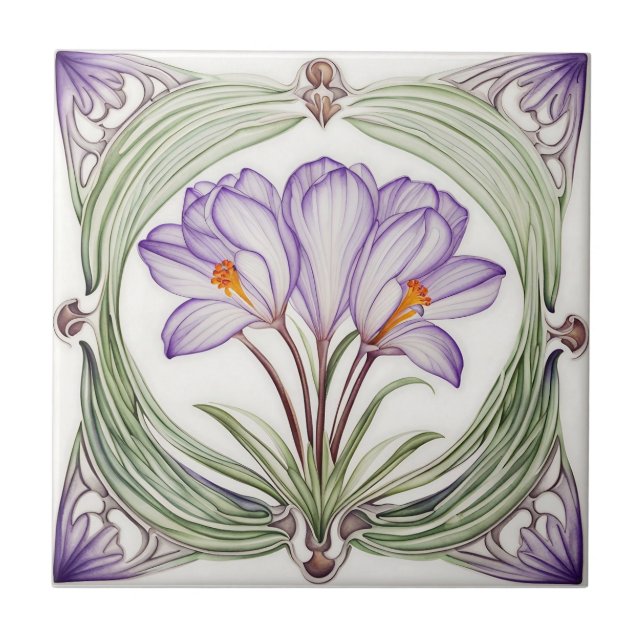 Crocus sur carreaux en céramique de l'Art nouveau  (Devant)