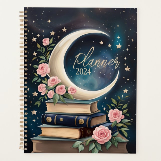 Croissant de Lune Céleste avec Livres et Roses (Devant)