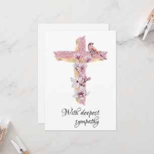 Croix avec carte de sympathie magnolias rose