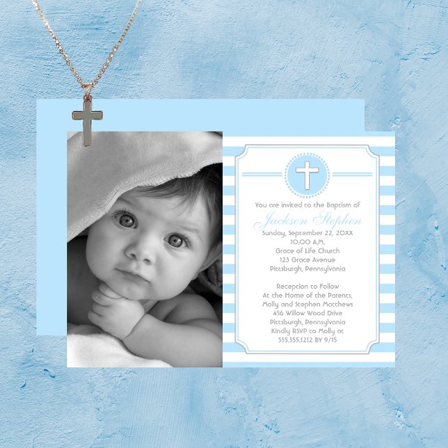 Croix Bleu Stripes Boy Photo Baptême Invitation (Cross Blue Stripes Boy Photo Baptism Invitation)