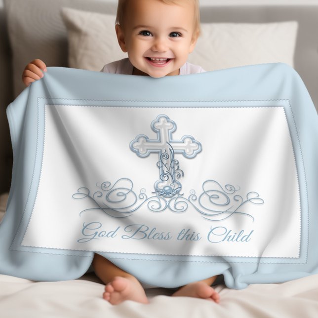 Croix Bleue Bébé Garçon Baptême couverture (Blue cross christening & baptism baby blanket. Add your text to personalize, or download as is.)