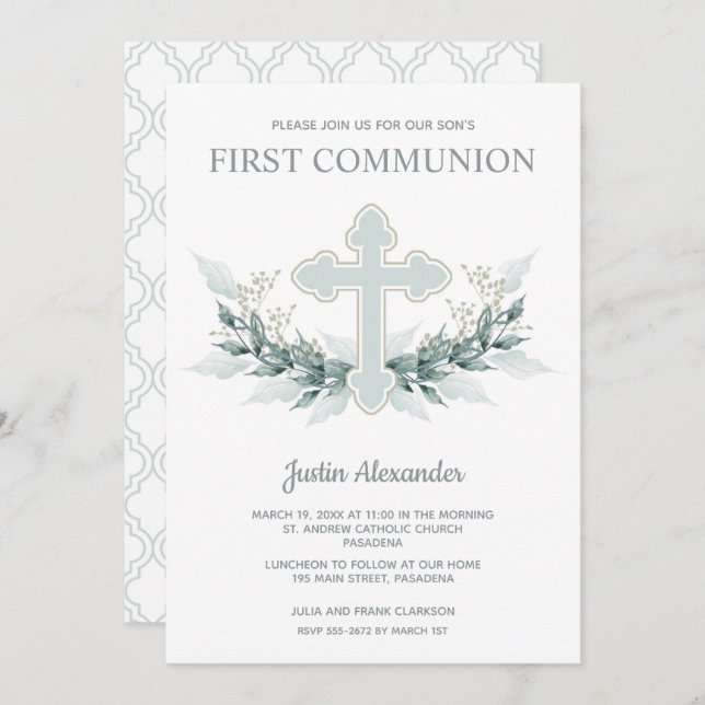 Croix Bleue Floral First Communion Invitations (Devant / Derrière)