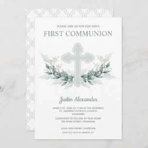 Croix Bleue Floral First Communion Invitations