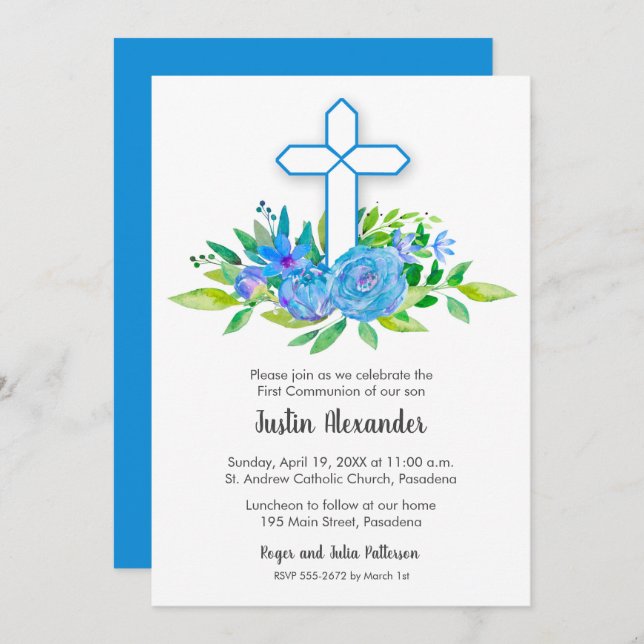 Croix Bleue Floral First Communion Invitations (Devant / Derrière)