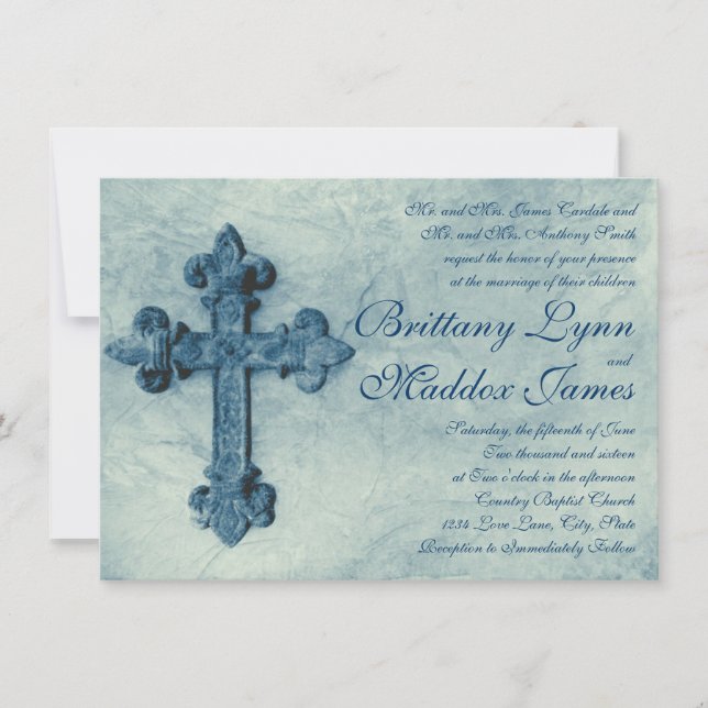 Croix Bleue Rustique Trouvé Mariage Invitations (Devant)