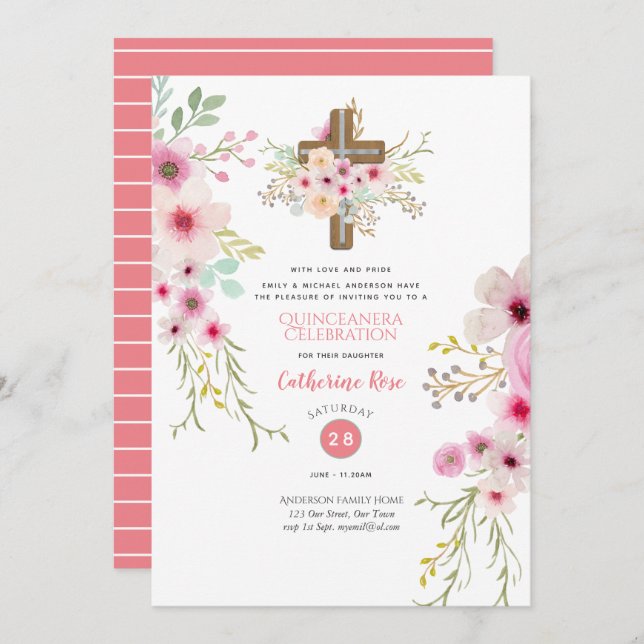 Croix céleste Quinceanera Invitation Boho Fleurs (Devant / Derrière)