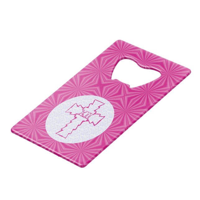 Croix chrétienne rose vif en zig-zag sur fond blan (Dos Angle)