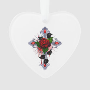 Croix d'argent avec une rose rouge