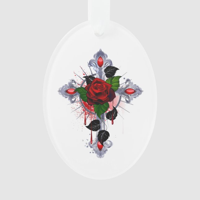 Croix d'argent avec une rose rouge (devant)