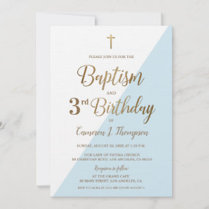Croix d'or bleu Baptême 3e Invitation anniversaire